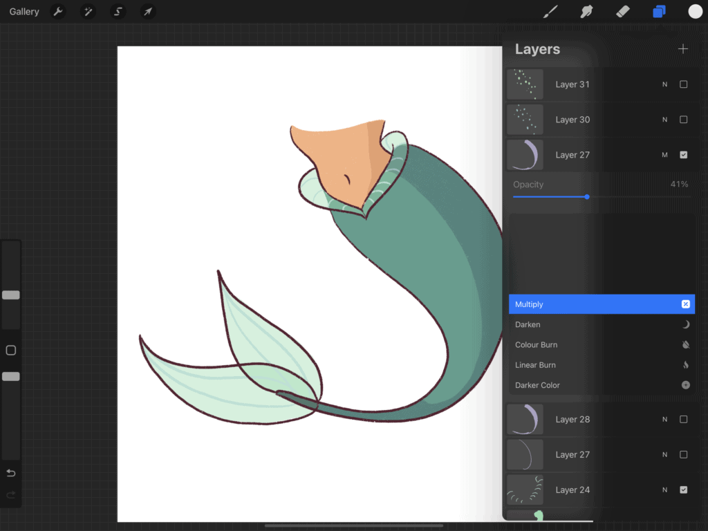 Change the layer setting to multiply and decrease the opacity in Procreate