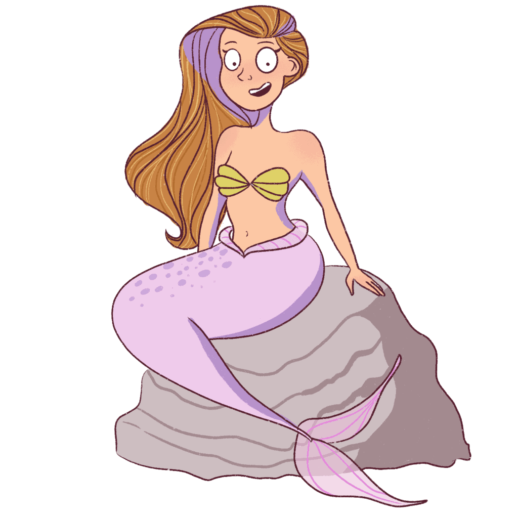 Add purple shadows to the mermaid sitting on a rock.