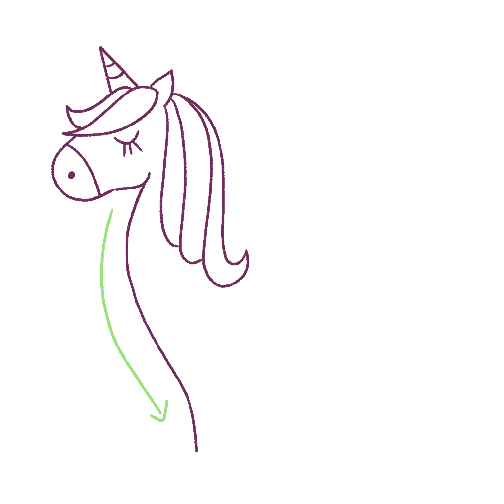 Draw a long line that makes the chest and the leg of the unicorn.