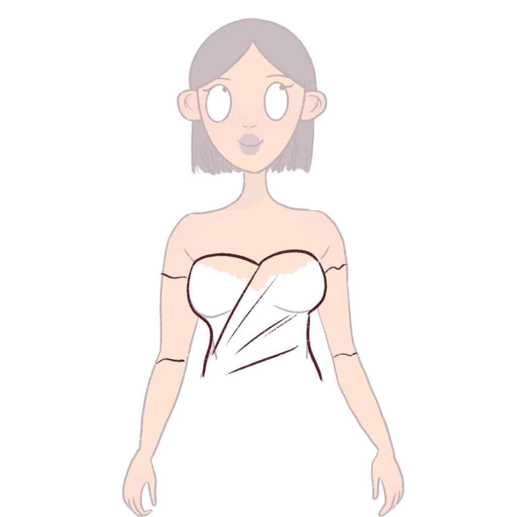 Draw a mark on the arms to indicate the off shoulder puffy sleeves
