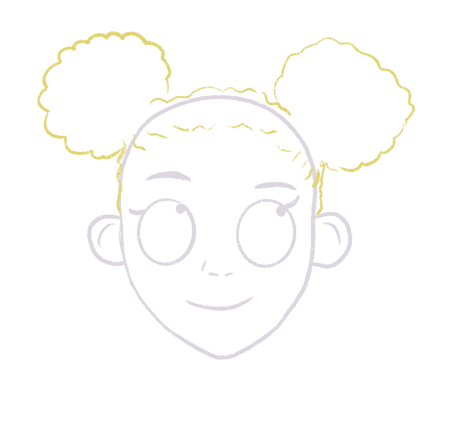 Draw a rough outline of the curly space buns on the black girl