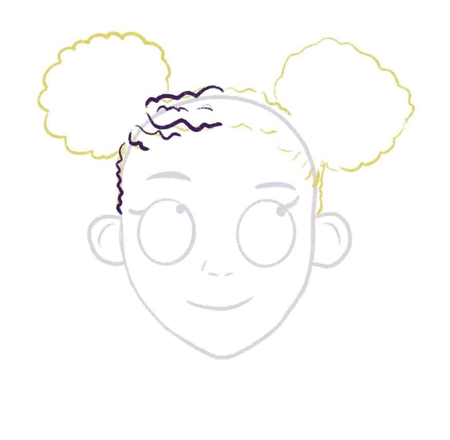 Draw the curly hair leading to the space buns