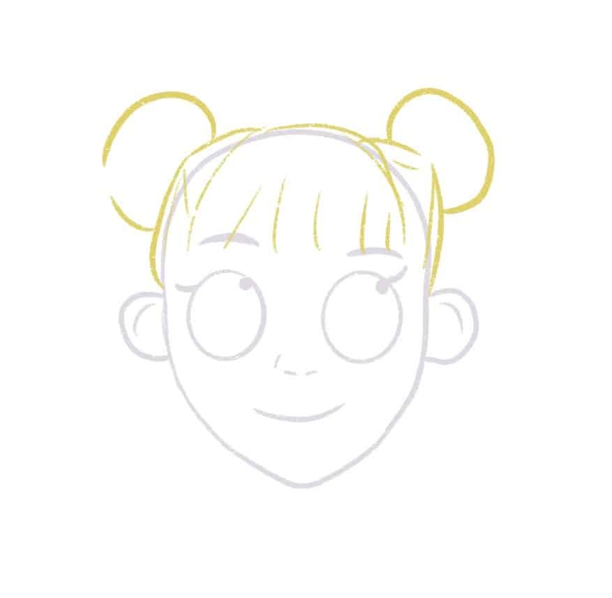Draw the space buns with bangs