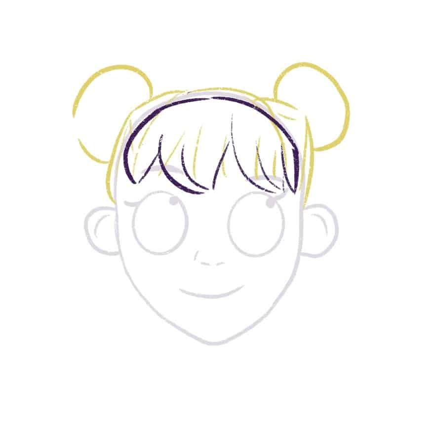 Draw the bangs or fringe on the character