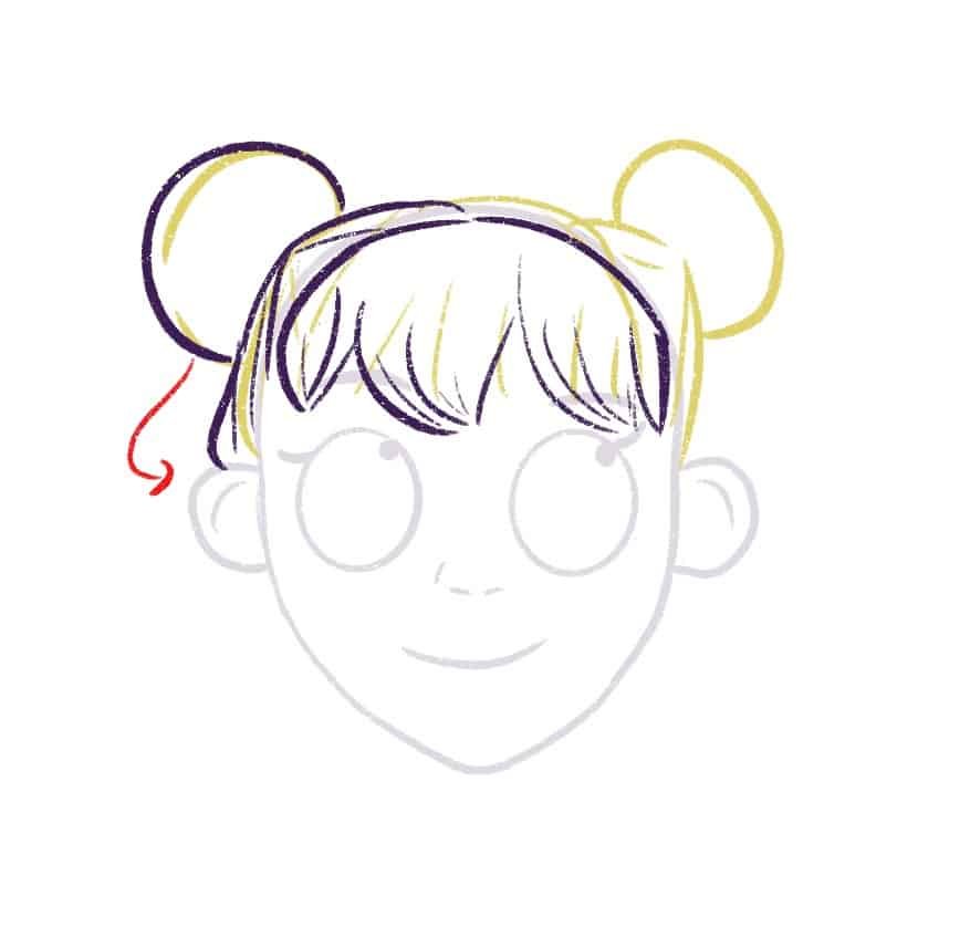 Draw the space buns and the hair