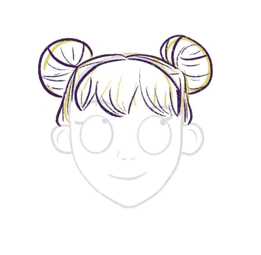 Draw the space buns behind the bangs