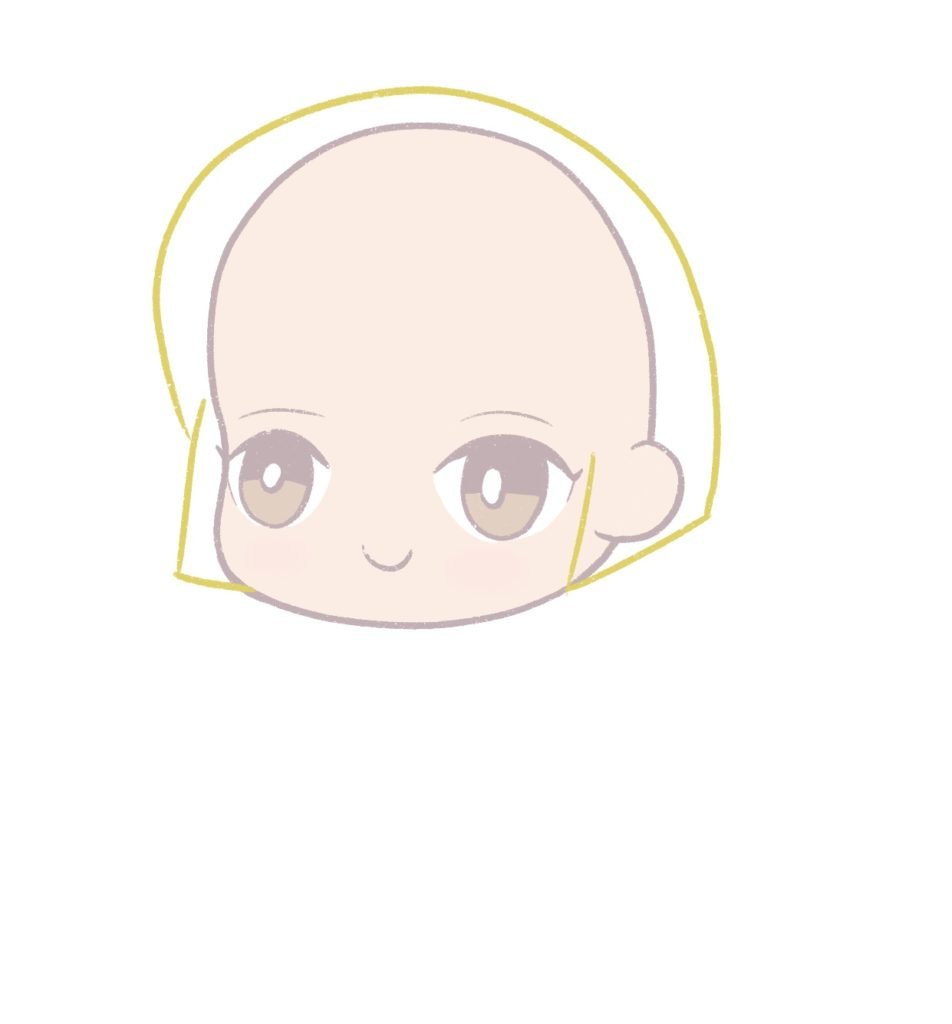 Draw a simple outline of the short hair on the chibi face