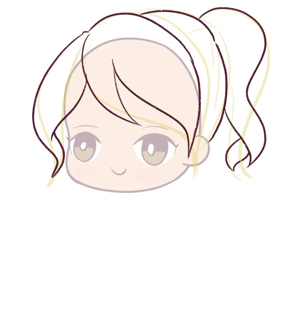 Draw the ponytail on the chibi face